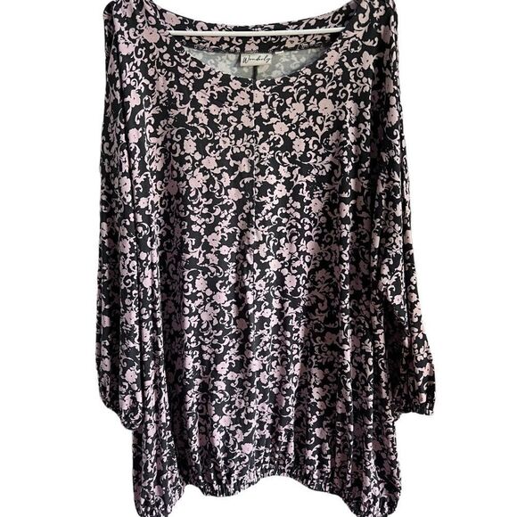 Wonderly gray and pink floral print knit elastic bottom top 3X - Picture 1 of 8